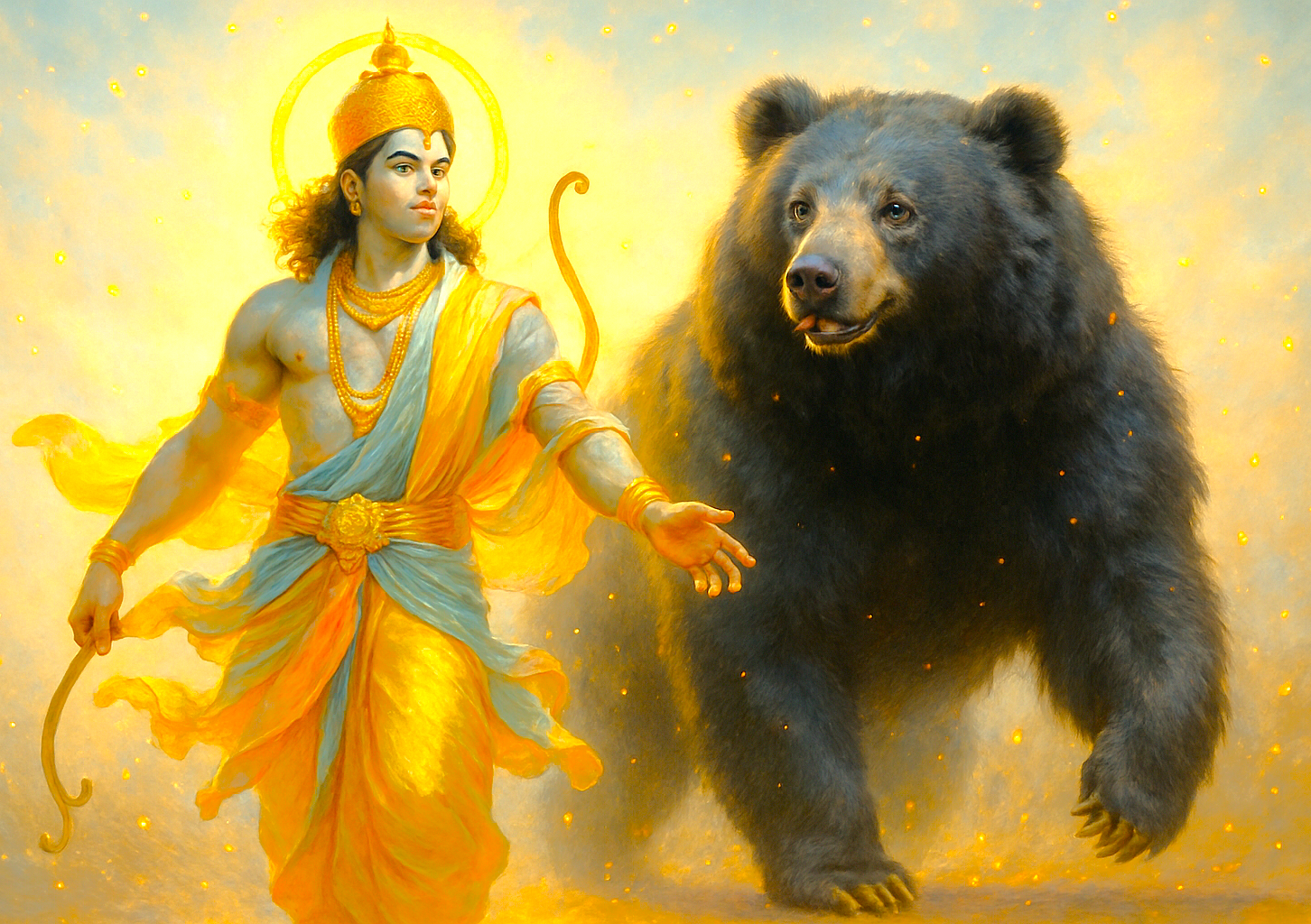 A depiction of Lord Rama and bear-king Jambavan, a legend tied to Hampi's Sloth Bear Sanctuary in Karnataka, India, near the UNESCO Vittala Temple and Elephant Stables. A depiction of Lord Rama and bear-king Jambavan, a legend tied to Hampi's Sloth Bear Sanctuary in Karnataka, India, near the UNESCO Vittala Temple and Elephant Stables.