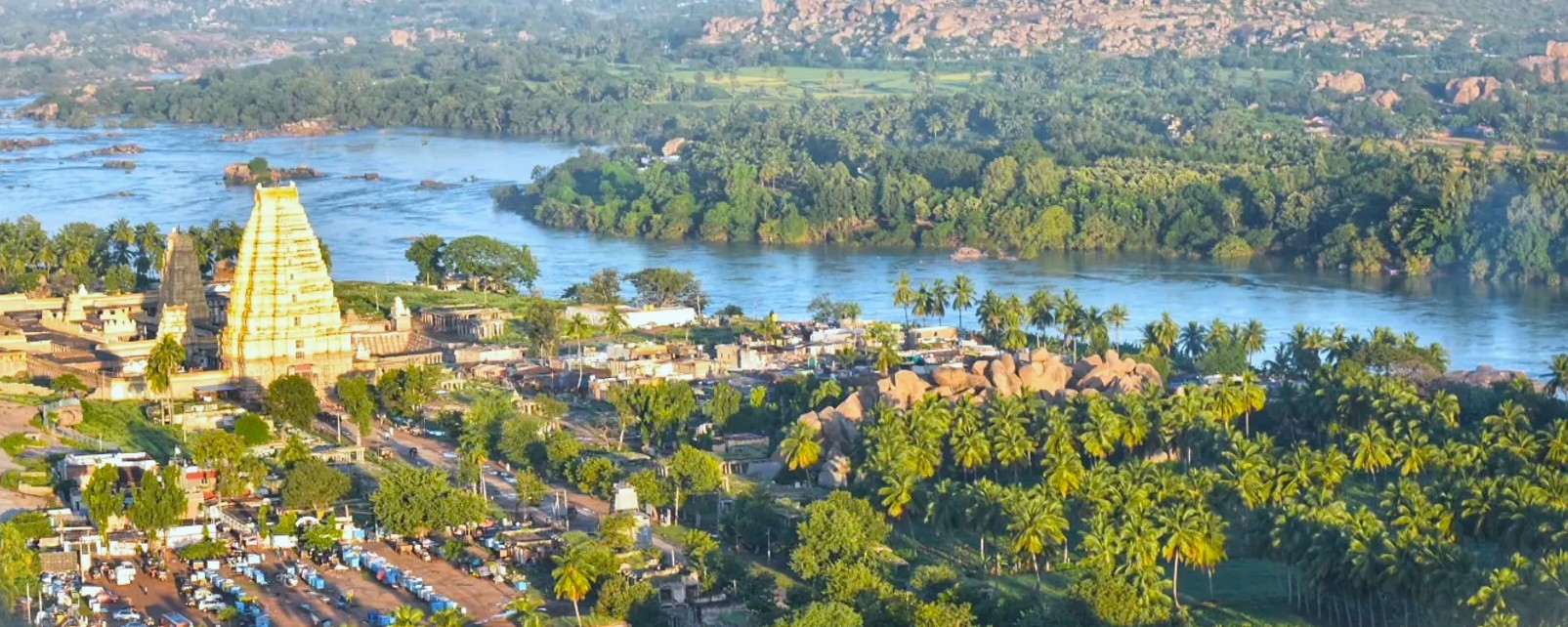 This stunning aerial view of Hampi in Karnataka, India, shows the vast Unesco World Heritage site, home to the iconic queens baths and the magnificent royal Elephant stables.