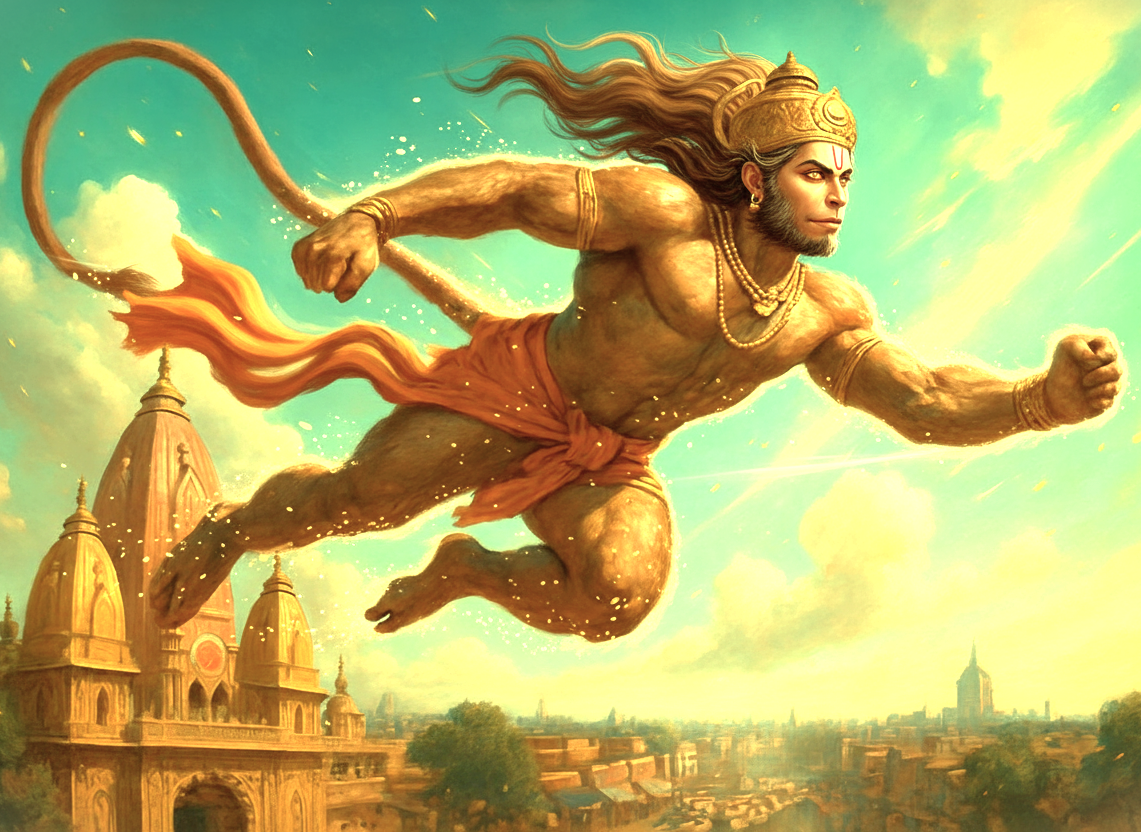 A powerful artistic depiction of the Hindu god Lord Hanuman flying over the famous Hanuman Mandir in Delhi, India, a spiritual site near historical landmarks like the Red Fort and Qutb Minar.