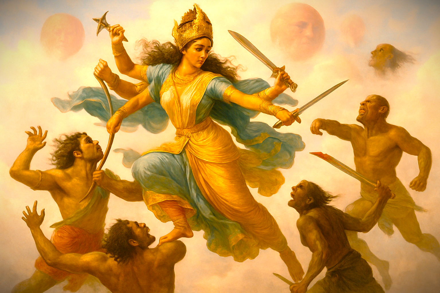 A powerful artistic depiction of Goddess Sharika vanquishing demons, the mythological legend associated with the sacred Hari Parbat Fort in Srinagar, Jammu and Kashmir, India.