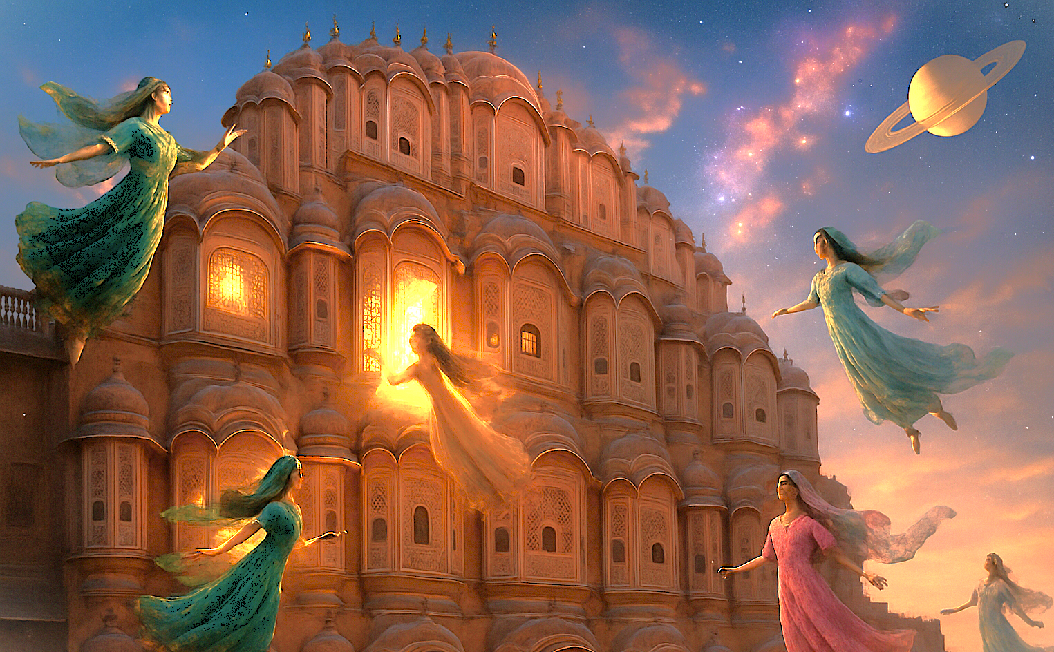 Surreal depiction of ethereal women spirits floating before Jaipur’s iconic Hawa Mahal – Palace of the Winds in Rajasthan, India, showcasing UNESCO heritage architecture beneath a magical luminous celestial sky.