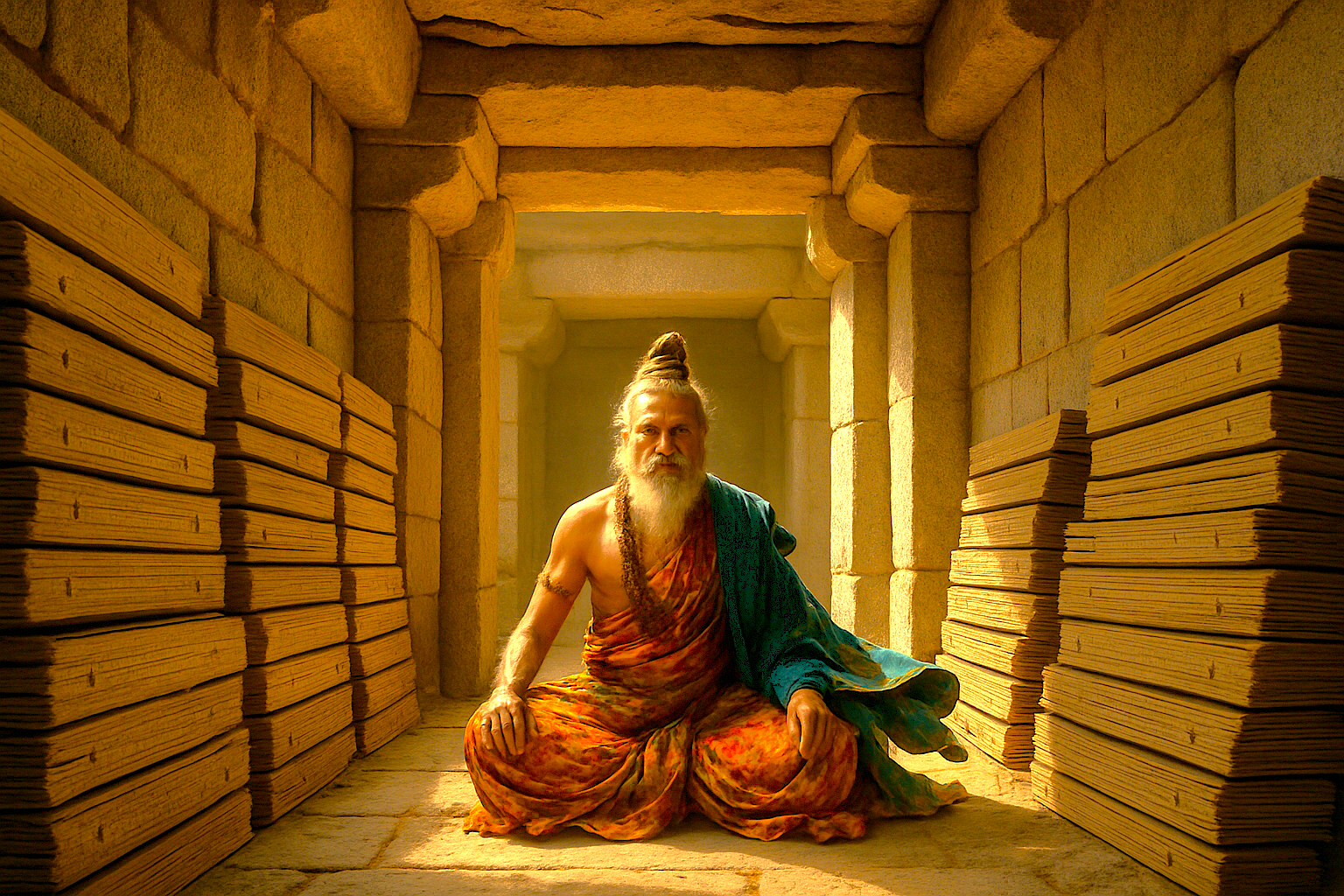 Sage Vidyaranya meditates on Hemakuta Hill, representing the spiritual history near the Queens' Bath and Elephant Stables at the Hampi, Karnataka, India UNESCO site. Sage Vidyaranya meditates on Hemakuta Hill, representing the spiritual history near the Queens' Bath and Elephant Stables at the Hampi, Karnataka, India UNESCO site.