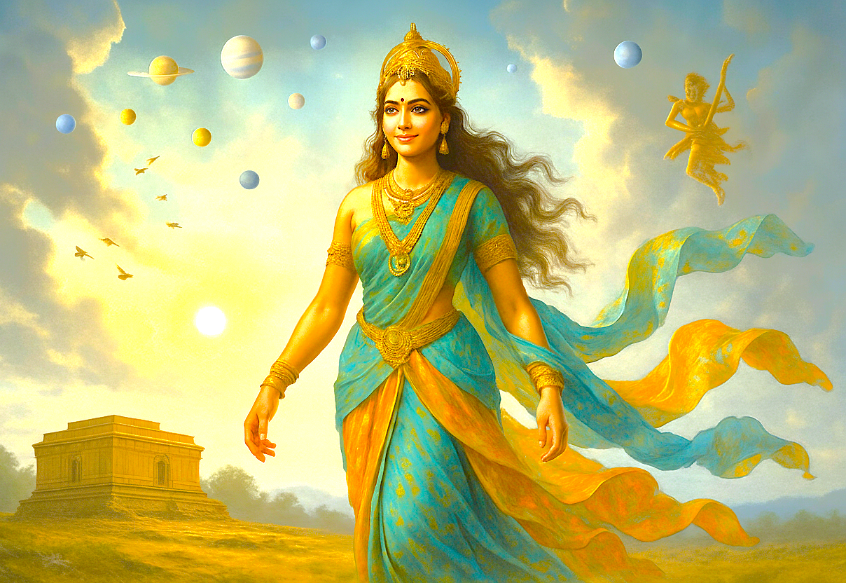 A stylized depiction of a goddess within the solar system, set over the Hichappayya Gudi temple in India, near Badami and the Pattadarlel Unseco temples. A stylized depiction of a goddess within the solar system, set over the Hichappayya Gudi temple in India, near Badami and the Pattadarlel Unseco temples.