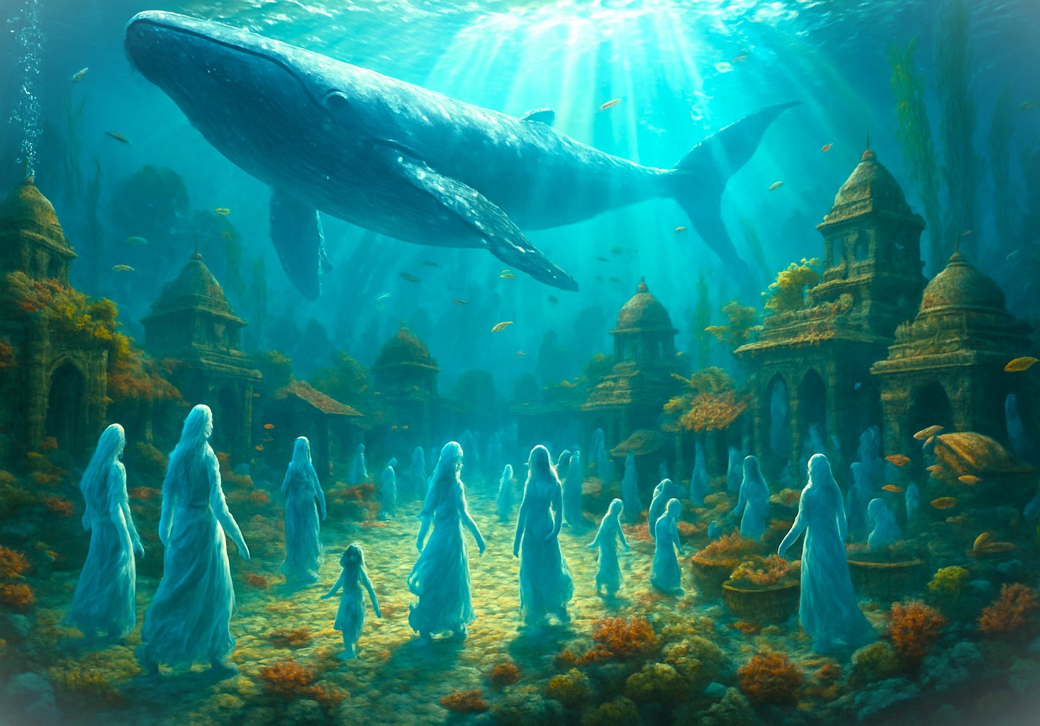 Mystical underwater scene of a sunken ancient Kerala village beneath backwaters near Kochi, vibrant marine life, ethereal villagers, merging South India heritage with Kettuvallam Houseboats Kerala legends and oceanic fantasy. Mystical underwater scene of a sunken ancient Kerala village beneath backwaters near Kochi, vibrant marine life, ethereal villagers, merging South India heritage with Kettuvallam Houseboats Kerala legends and oceanic fantasy.