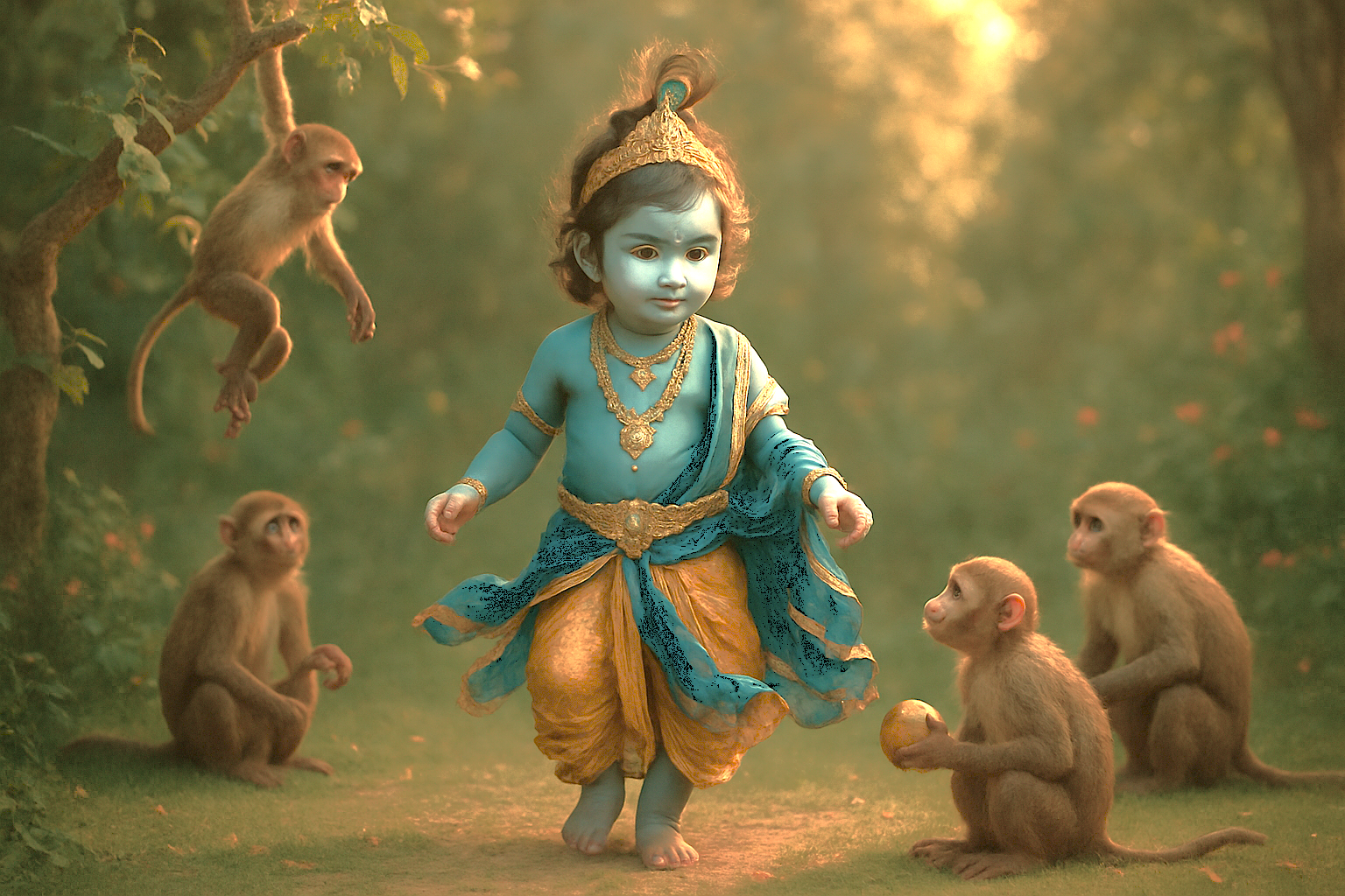 A digital artwork of Baby Krishna with monkeys, reflecting art found in Hubli, Karnataka, India, near Utsav Rock Garden on a road trip near-Goa's Unesco Churches. A digital artwork of Baby Krishna with monkeys, reflecting art found in Hubli, Karnataka, India, near Utsav Rock Garden on a road trip near-Goa's Unesco Churches.