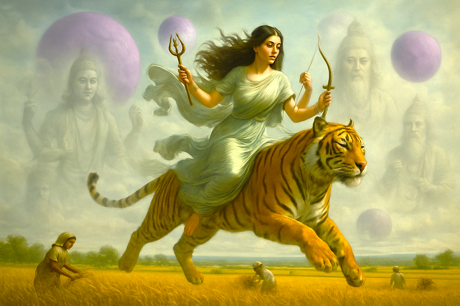 Surreal art of Hindu goddess Durga on a tiger, representing the culture of Hubli, Karnataka, India, at Agadi Thota Village, a stop on the way to Old Goa Unesco churches.