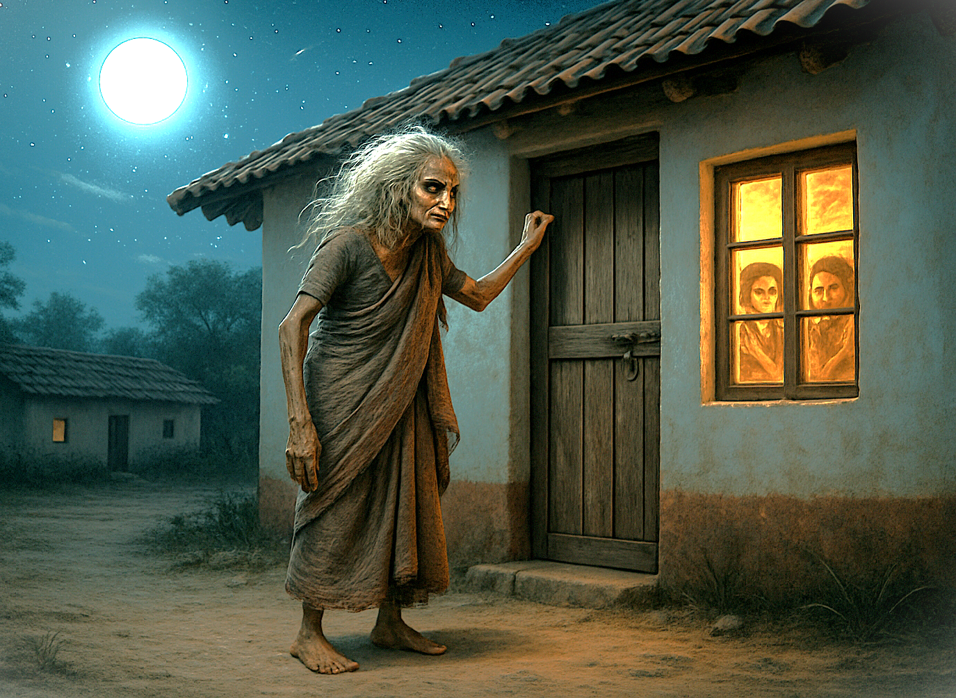 A depiction of the "Naale Baa" urban legend from Hubli, Karnataka, India, showing a witch knocking at night, a story told near Agadi Thota Village, a stop on the way to Old Goa Unesco churches.