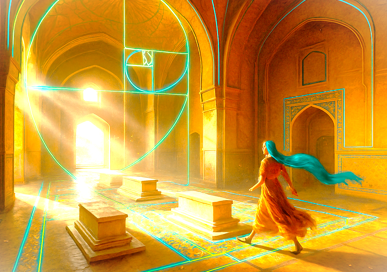 An artistic vision of sacred geometry and sound frequency inside Humayun's Tomb in Delhi, India, a historic UNESCO World Heritage Site located near the iconic Red Fort and Qutb Minar. An artistic vision of sacred geometry and sound frequency inside Humayun's Tomb in Delhi, India, a historic UNESCO World Heritage Site located near the iconic Red Fort and Qutb Minar.