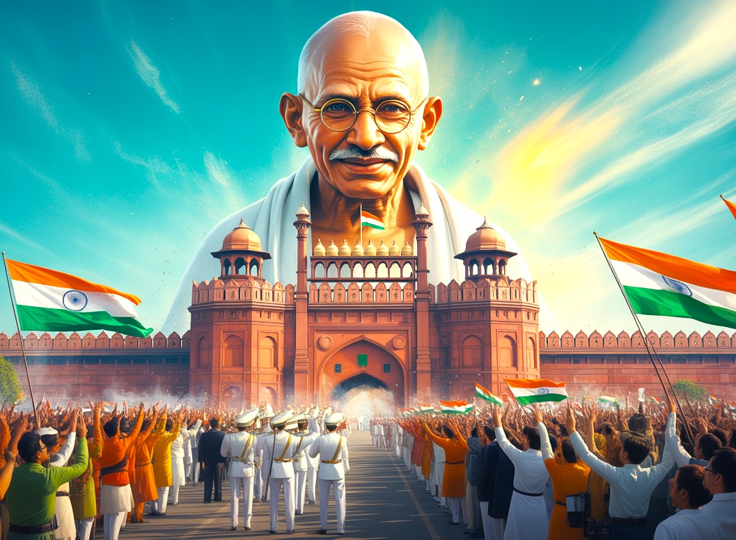 Vibrant India Independence Day scene shows a realistic Mahatma Gandhi above Delhi’s Red Fort, blessing jubilant crowds waving saffron, white, and green flags, celebrating culture spanning Kerala’s Munnar, Kochi, Mysore, Bangalore, Madurai, Mumbai, and Rajasthan. Vibrant India Independence Day scene shows a realistic Mahatma Gandhi above Delhi’s Red Fort, blessing jubilant crowds waving saffron, white, and green flags, celebrating culture spanning Kerala’s Munnar, Kochi, Mysore, Bangalore, Madurai, Mumbai, and Rajasthan.
