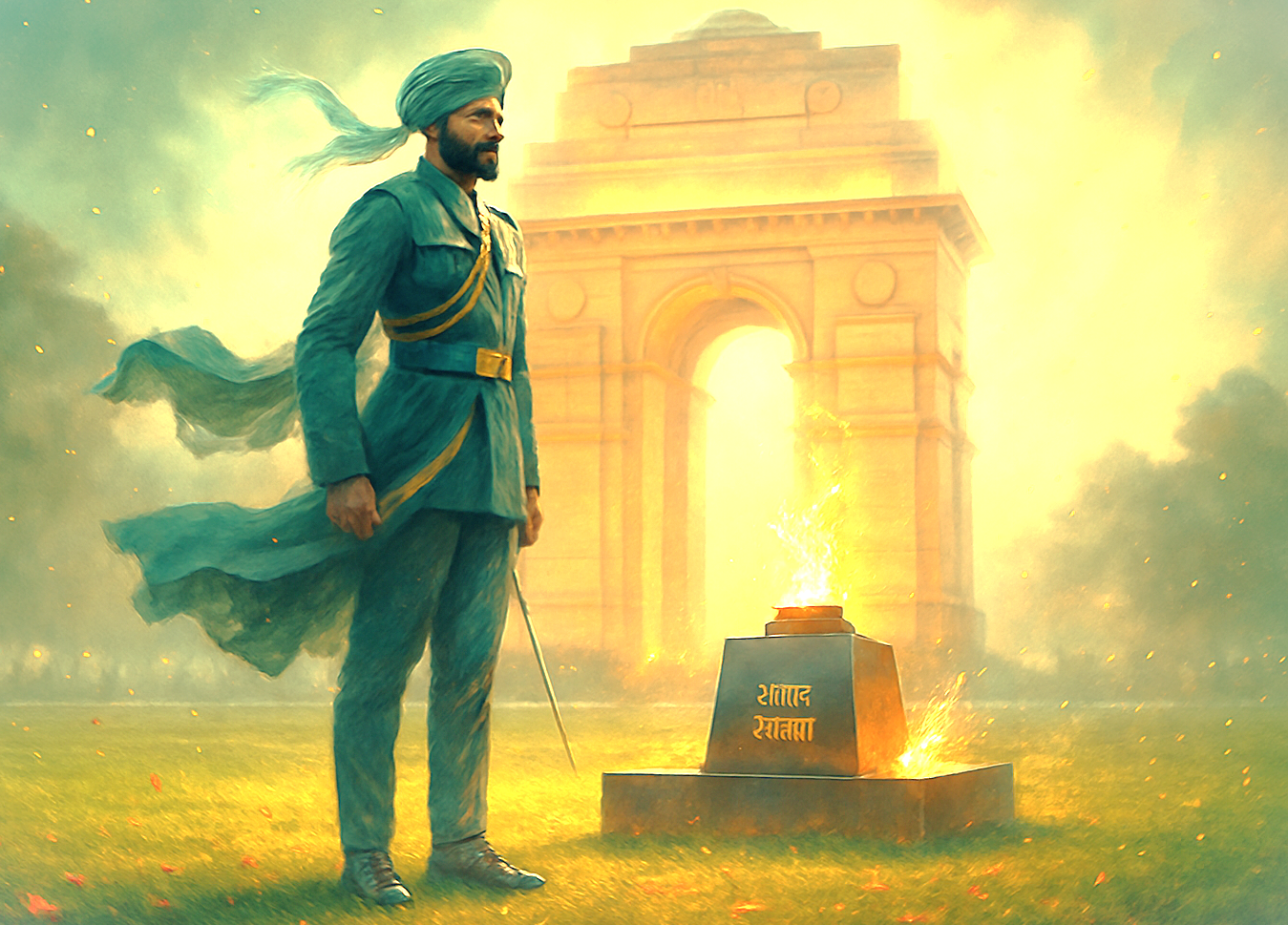 An artistic tribute to a Sikh soldier guarding the Amar Jawan Jyoti (eternal flame) at India Gate in Delhi, India, a revered war memorial near the Red Fort and Humayun's Tomb. An artistic tribute to a Sikh soldier guarding the Amar Jawan Jyoti (eternal flame) at India Gate in Delhi, India, a revered war memorial near the Red Fort and Humayun's Tomb.