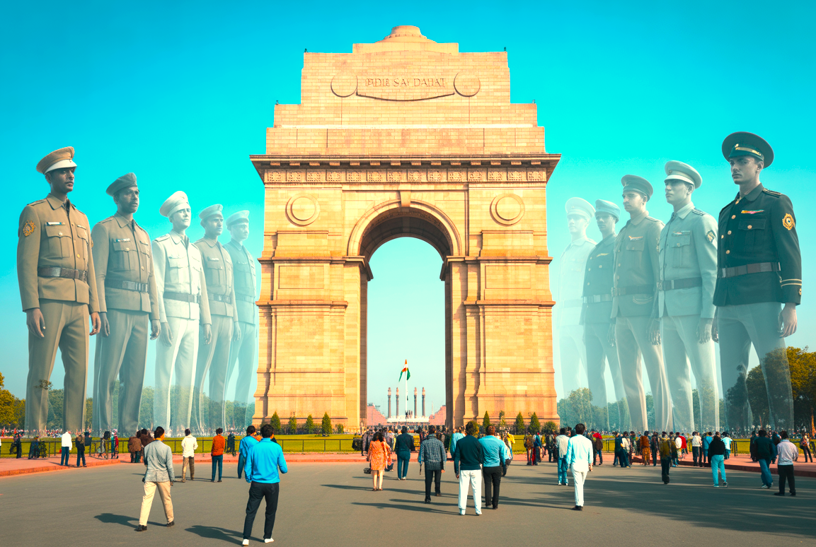 A fantasy image of India Gate in Delhi, India, with soldier spirits, a top memorial near the Red Fort and UNESCO sites Humayun's Tomb and Qutub Minar.