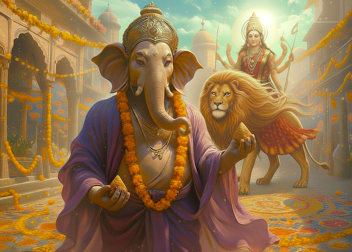 Ganesha holding modaks stands before intricately carved Jaipur palace façades at a vibrant Rajasthan India festival street scene, accompanied by serene Durga on lion, framed by colorful marigold garlands.