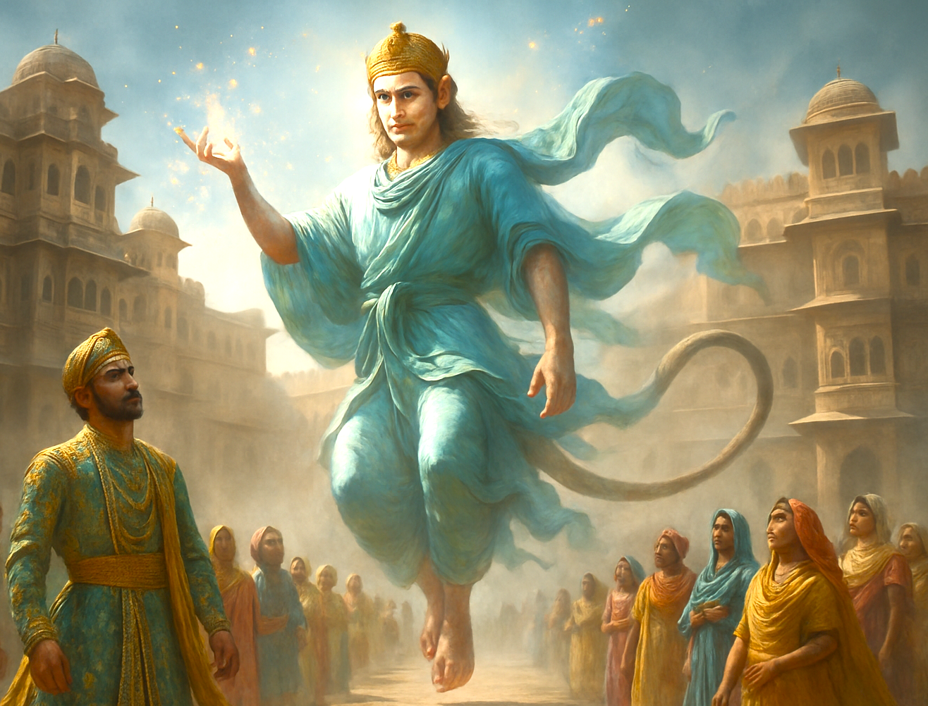 Regal Hanuman deity blesses Rajput rulers and astonished subjects within the historic Junagarh Fort courtyard in Bikaner, Rajasthan, India, amid the golden sands of the Thar Desert, evoking divine benevolence. Regal Hanuman deity blesses Rajput rulers and astonished subjects within the historic Junagarh Fort courtyard in Bikaner, Rajasthan, India, amid the golden sands of the Thar Desert, evoking divine benevolence.