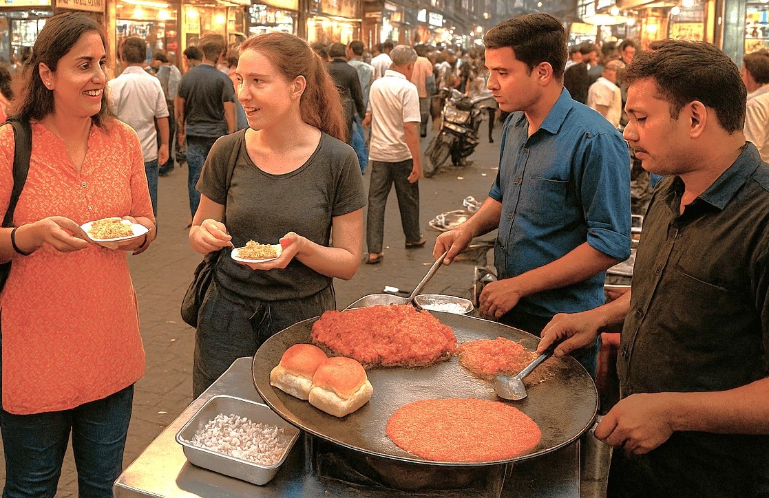 Visitors enjoy spicy street food in a bustling market near the UNESCO World Heritage Jantar Mantar in Jaipur, Rajasthan, India, as friendly vendors serve delicious iconic chaat and pav bhaji.
