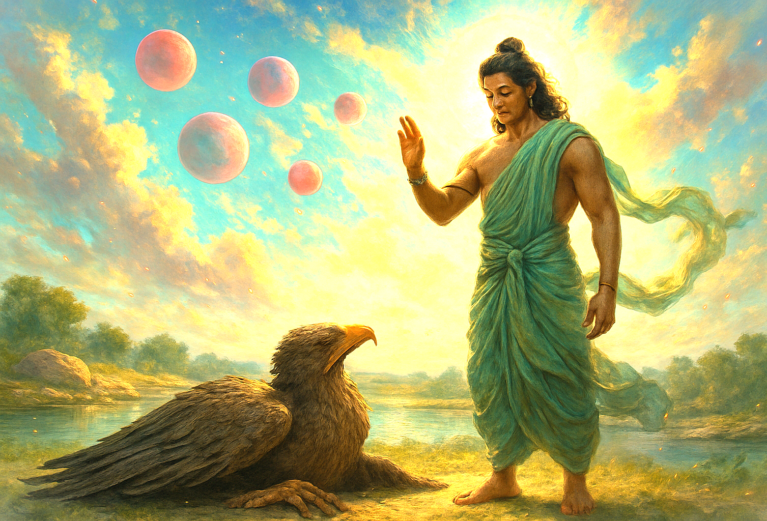 A divine artistic rendering of the mythological eagle Jatayu, a legend from India's Ramayana epic, honored by the Jatayu Sculpture near the Lepakshi Temple and its floating pillar.