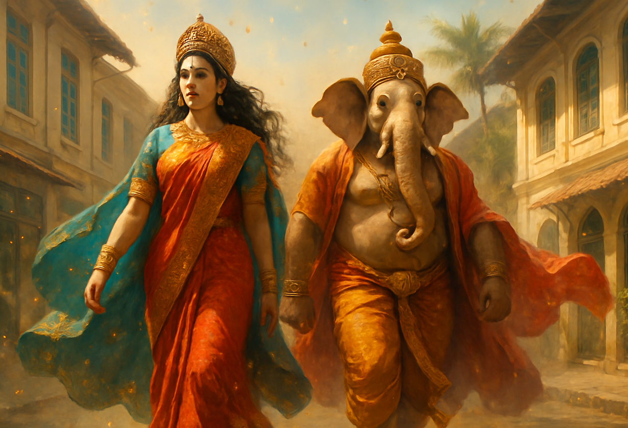 Mythic depictions of Durga and Ganesha stride through sunlit Fort Kochi streets, South India, Kerala, Kerala Folklore Museum Kochi ambiance evokes divine artistry, ancient heritage, cultural storytelling, pilgrimage, vibrant folklore. Mythic depictions of Durga and Ganesha stride through sunlit Fort Kochi streets, South India, Kerala, Kerala Folklore Museum Kochi ambiance evokes divine artistry, ancient heritage, cultural storytelling, pilgrimage, vibrant folklore.