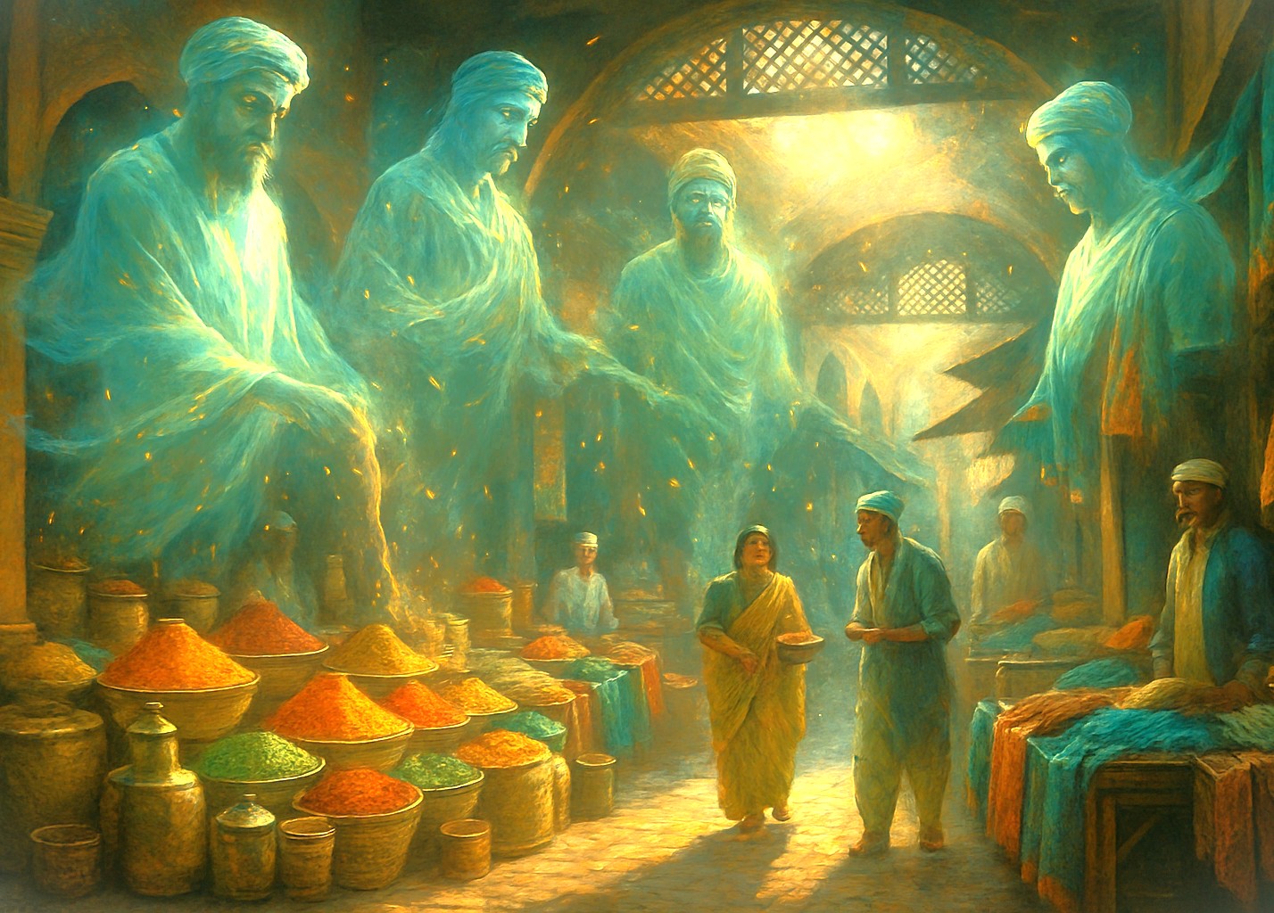 Ethereal spirits of former traders bless bustling spice stalls in Kochi’s historic marketplace near Kerala Folklore Museum Kochi, showcasing vibrant South India cultural heritage, traditional commerce, mythic ambiance, and textures. Ethereal spirits of former traders bless bustling spice stalls in Kochi’s historic marketplace near Kerala Folklore Museum Kochi, showcasing vibrant South India cultural heritage, traditional commerce, mythic ambiance, and textures.