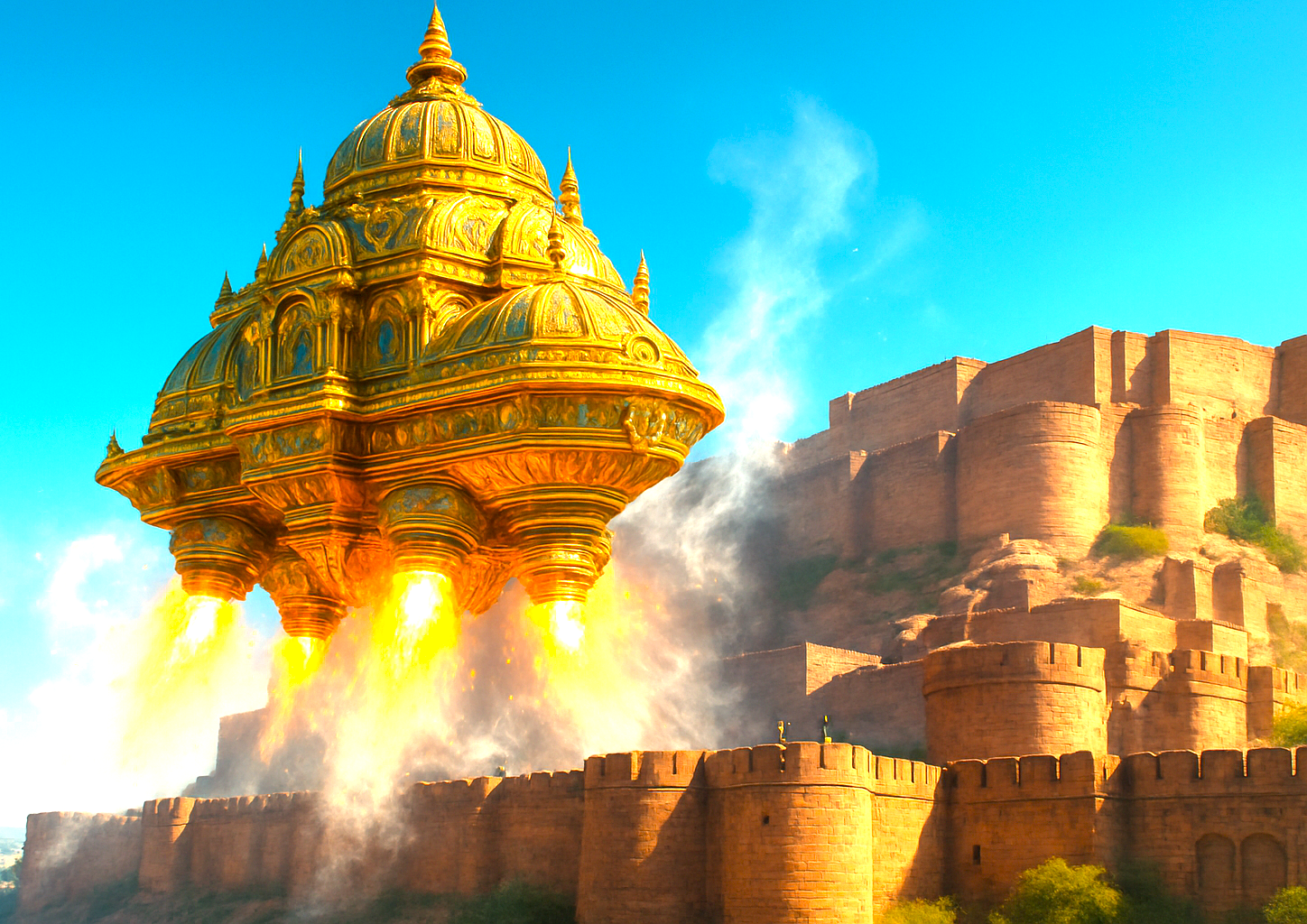 A fantastical vision of a mythical Vimana flying over Jodhpur, Rajasthan, reimagining the experience of hot air ballooning in India near the UNESCO World Heritage cities of Jaipur and Udaipur.