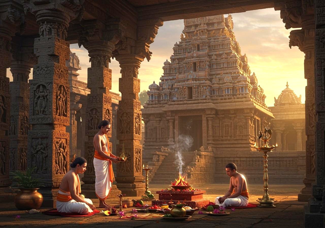 At Banavasi and other Kadamba centers, daily court life blended Vedic ritual, emerging temple traditions and practical governance. At dawn, the king bathed - often in water drawn from rivers or palace tanks - received sandal paste and sacred ash or tilak, and performed worship to Shiva, Vishnu or their family deity, reflecting early Brahmanical kingship in the Deccan. Court priests recited Vedic hymns and performed homa (fire offerings), while astrologers read omens. Queens oversaw the antahpura (inner palace): jewelry, grain stores, textiles, kitchens and temple gifts. Princes practiced weapons and hunting skills, then studied Sanskrit, political advice texts and local languages (early Kannada and Prakrit). Scribes and ministers brought in petitions, grants and reports. The court thus functioned as a ritual center, administrative hub and school of statecraft. Kadamba Dynasty Karnataka At Banavasi and other Kadamba centers, daily court life blended Vedic ritual, emerging temple traditions and practical governance. At dawn, the king bathed - often in water drawn from rivers or palace tanks - received sandal paste and sacred ash or tilak, and performed worship to Shiva, Vishnu or their family deity, reflecting early Brahmanical kingship in the Deccan. Court priests recited Vedic hymns and performed homa (fire offerings), while astrologers read omens. Queens oversaw the antahpura (inner palace): jewelry, grain stores, textiles, kitchens and temple gifts. Princes practiced weapons and hunting skills, then studied Sanskrit, political advice texts and local languages (early Kannada and Prakrit). Scribes and ministers brought in petitions, grants and reports. The court thus functioned as a ritual center, administrative hub and school of statecraft. Kadamba Dynasty Karnataka