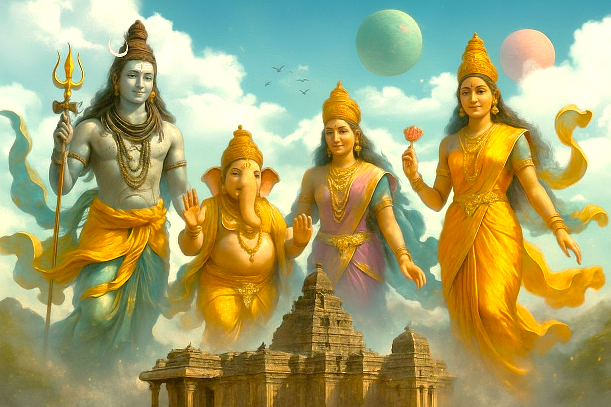 Majestic depiction of Hindu deities above Kailasa Temple at Ellora Caves near Aurangabad, Maharashtra, India, part of the UNESCO-listed Ellora and Ajanta Caves complex, showcasing reverence and timeless architectural grandeur.