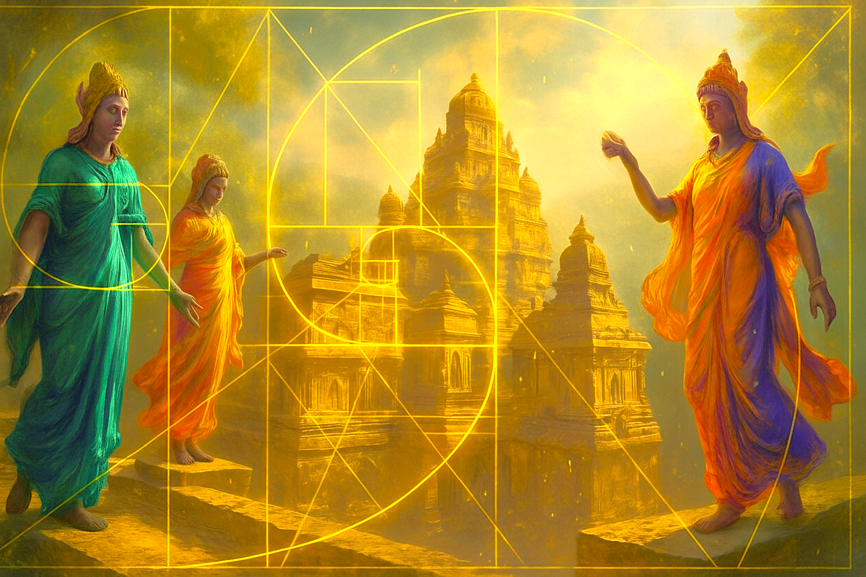 Cinematic digital art of India’s Kailasa Temple at Ellora Caves, Aurangabad, Maharashtra—part of UNESCO-listed Ellora and Ajanta Caves—featuring radiant green hues, full-body guardians and glowing golden ratio sacred geometry overlays.