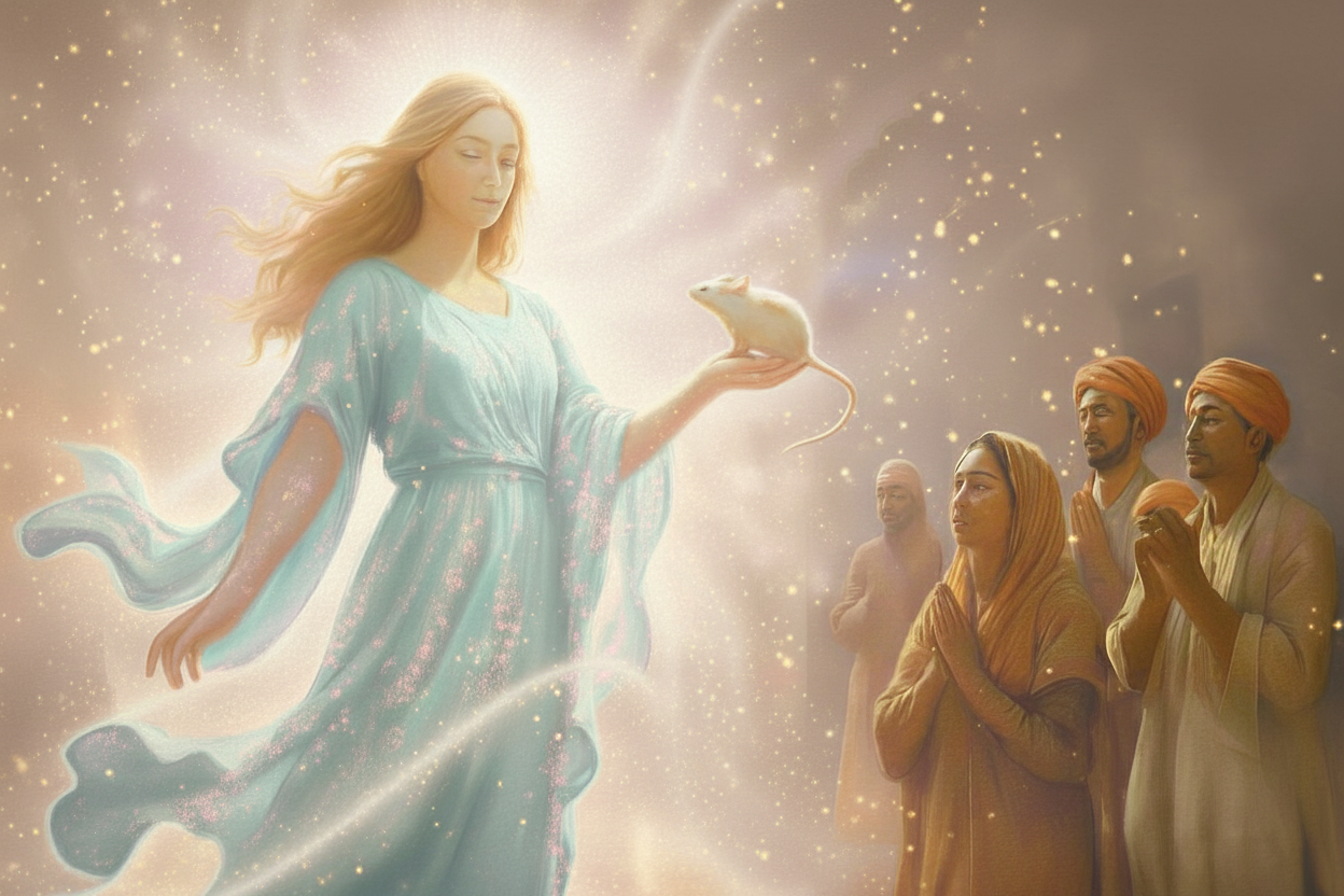 Karni Mata Rat Temple in the Bikaner Thar Desert, Rajasthan, India showcases devotional rites as worshippers honor the divine rodent goddess, blending local folklore with vibrant cultural heritage, golden skies.