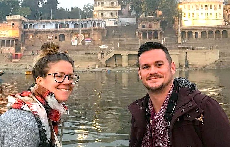 A couple enjoys their relationship on a boat trip in Varanasi, India, taking in the ancient ghats near the sacred Kashi Vishwanath Temple and the historic UNESCO site of Sarnath. A couple enjoys their relationship on a boat trip in Varanasi, India, taking in the ancient ghats near the sacred Kashi Vishwanath Temple and the historic UNESCO site of Sarnath.
