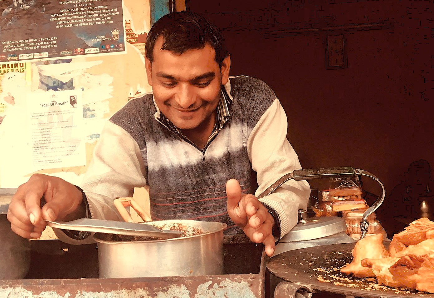 The warm relationship a local food vendor has with his craft offers a taste of authentic culture near Keoladeo National Park, a Unesco site, for tourists in India visiting Agra, the Taj Mahal, Agra Fort, and Fatehpur Sikri Fort.