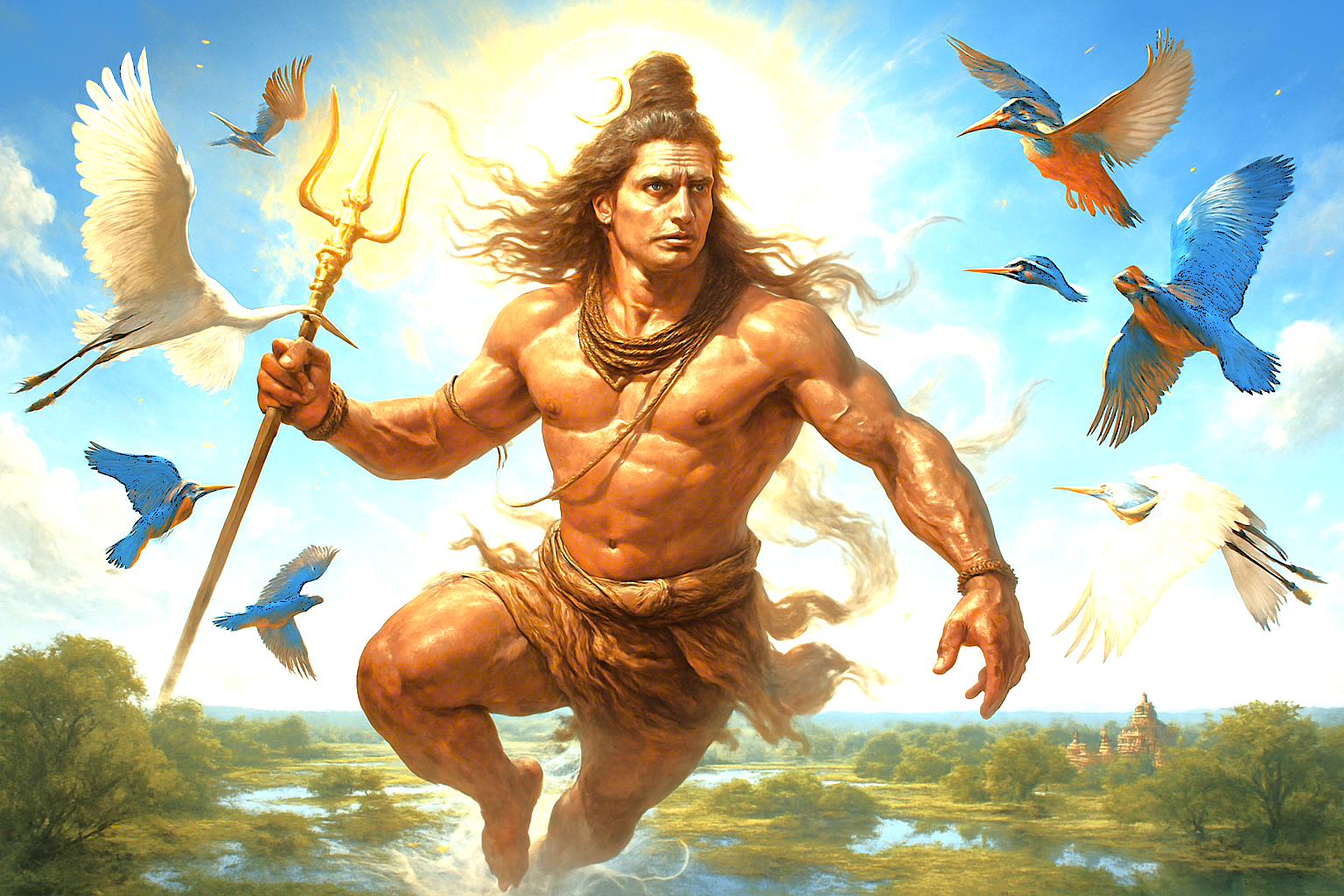 A mythical artwork of Lord Shiva highlights the divine relationship with the birds of Keoladeo National Park, a Unesco site, a spiritual vision for tourists in India visiting Agra, the Taj Mahal, Agra Fort, and the nearby Fatehpur Sikri Fort.