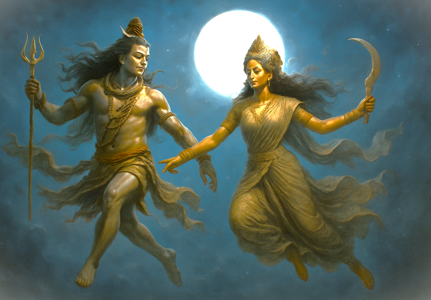 Photorealistic digital painting of Lord Shiva and Goddess Durga flying under a full moon inside the Kerala Folklore Museum Kochi, evoking Kerala’s South India cultural heritage, divine energy, majestic ambiance. Photorealistic digital painting of Lord Shiva and Goddess Durga flying under a full moon inside the Kerala Folklore Museum Kochi, evoking Kerala’s South India cultural heritage, divine energy, majestic ambiance.