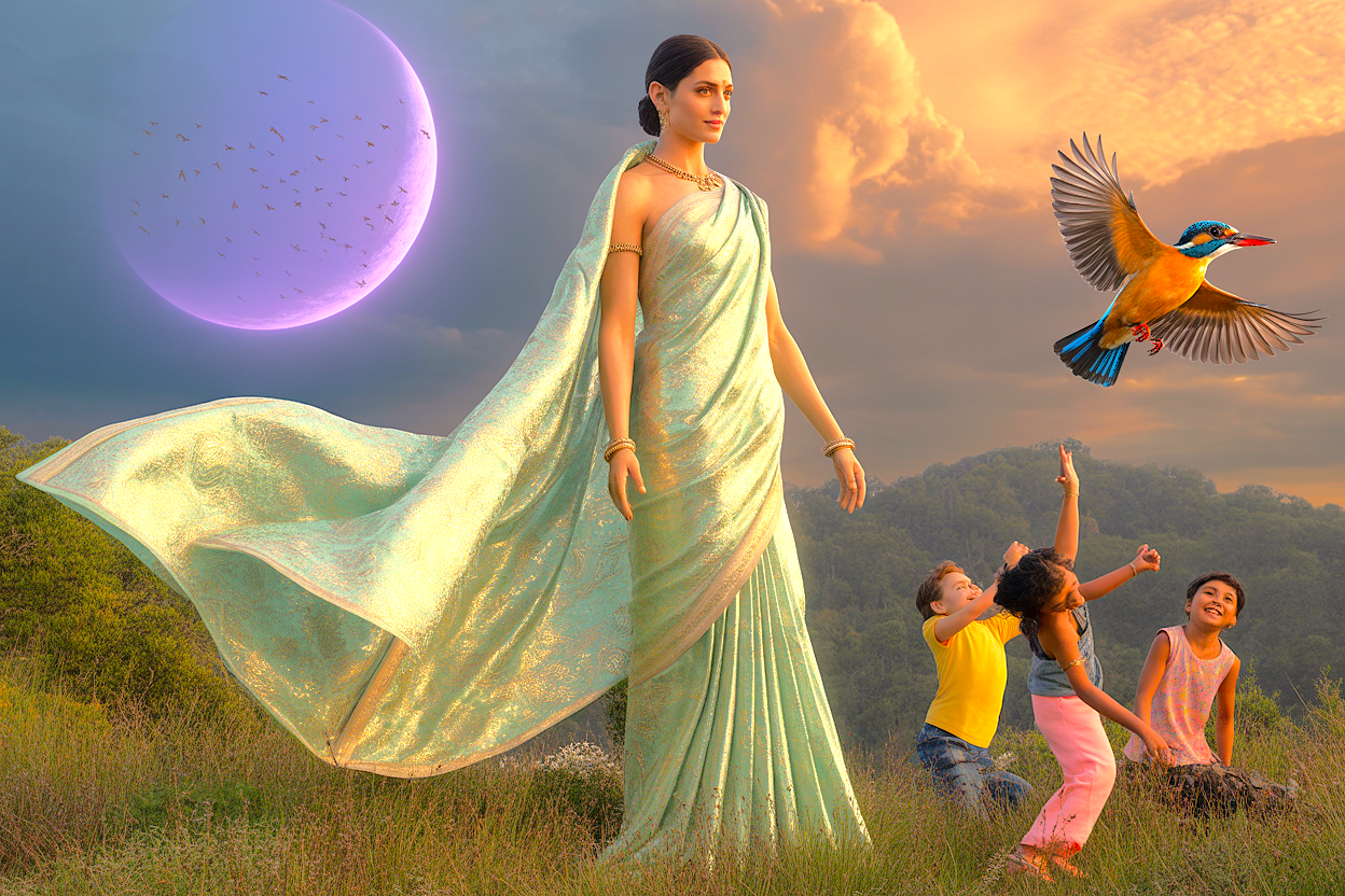 An artistic vision of a divine protector symbolizes the caring relationship forged by Kids Health India's Smokeless Stove Project, helping children in communities tourists visit in Tamil Nadu, including Kodaikanal, Madurai, Meenakshi Temple, and Munnar near India's Unesco Western Ghats.