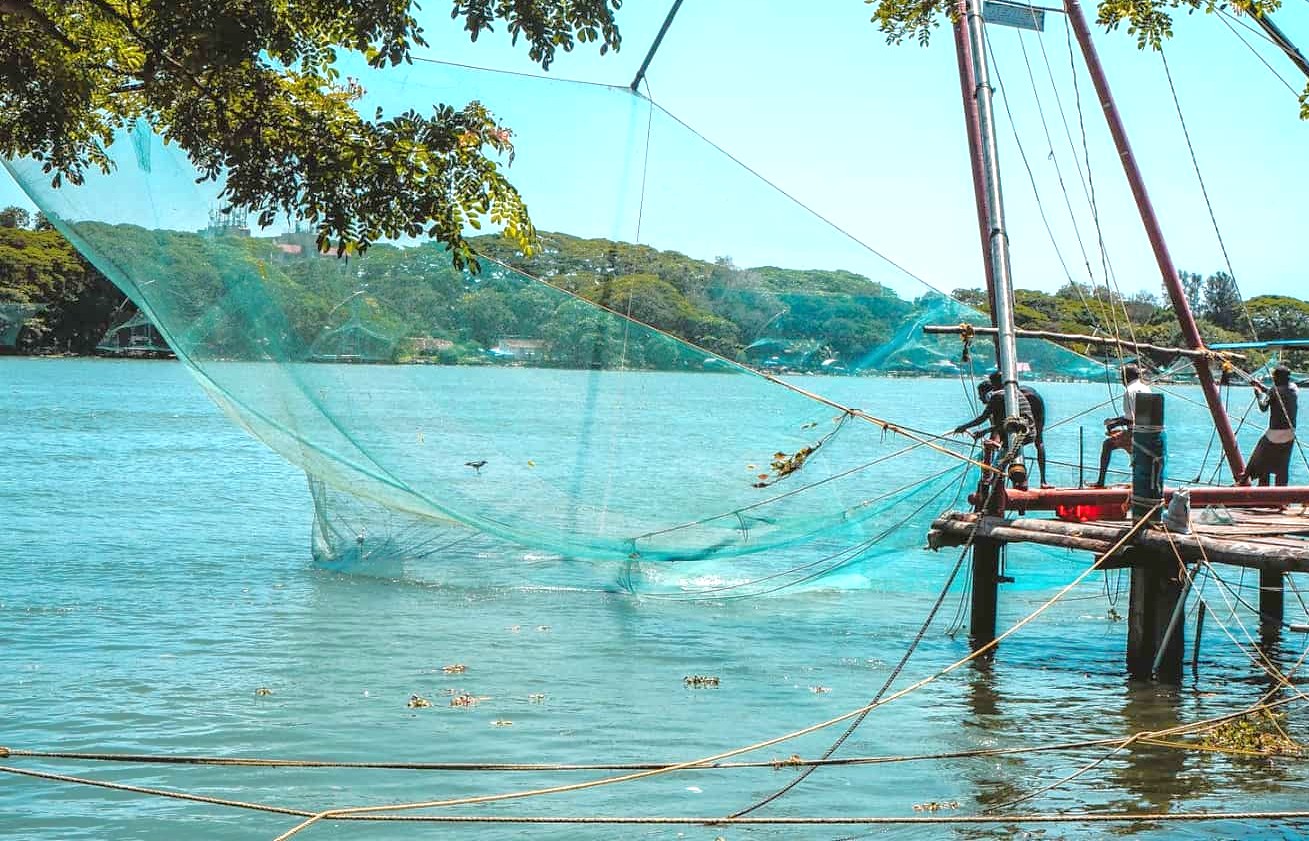 Fishermen operating iconic Chinese fishing nets on a wooden pier at Kochi waterfront in Kerala, South India, capturing traditional coastal livelihood, tranquil backwaters, lush greenery, artisanal heritage and scenic landscape.