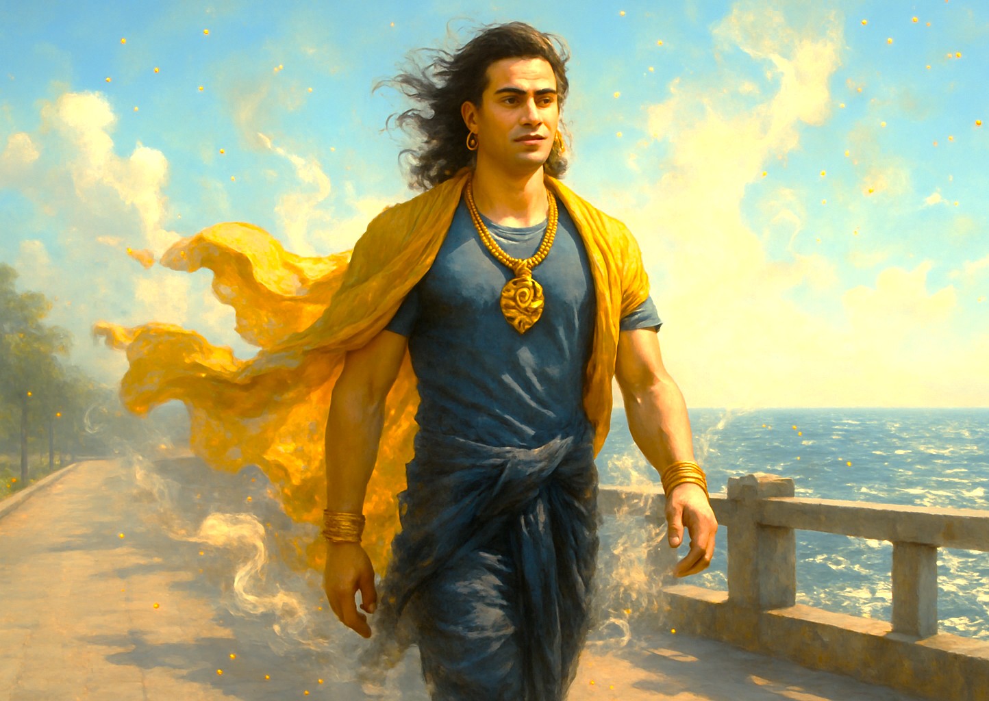 Modern Lord Ayyappa strolling along Kochi’s vibrant seaside promenade in Kerala, South India showcases dynamic cinematic textures, glowing divine aura, intricate attire details, radiant sunshine reflections, and immersive coastal ambience.