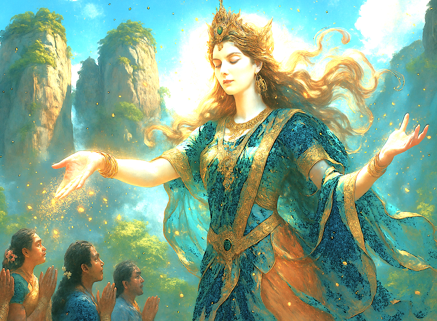 This artistic vision for the Kodaikanal Cheese Cottage in Tamil Nadu depicts the blessed relationship between a goddess and the craft, a magical quality enjoyed by tourists in India visiting from Madurai, Meenakshi Temple, and Munnar near the Unesco Western Ghats.