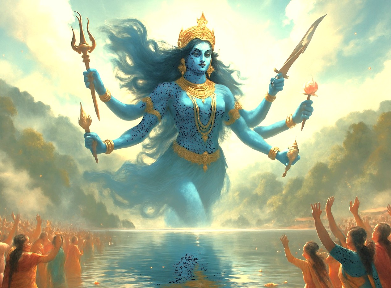 An artistic rendering of a goddess rising from Kodaikanal Lake (Kulam) in Tamil Nadu illustrates the sacred relationship with devotees, a local myth for tourists in India exploring Madurai, Meenakshi Temple, and Munnar near the Unesco Western Ghats.