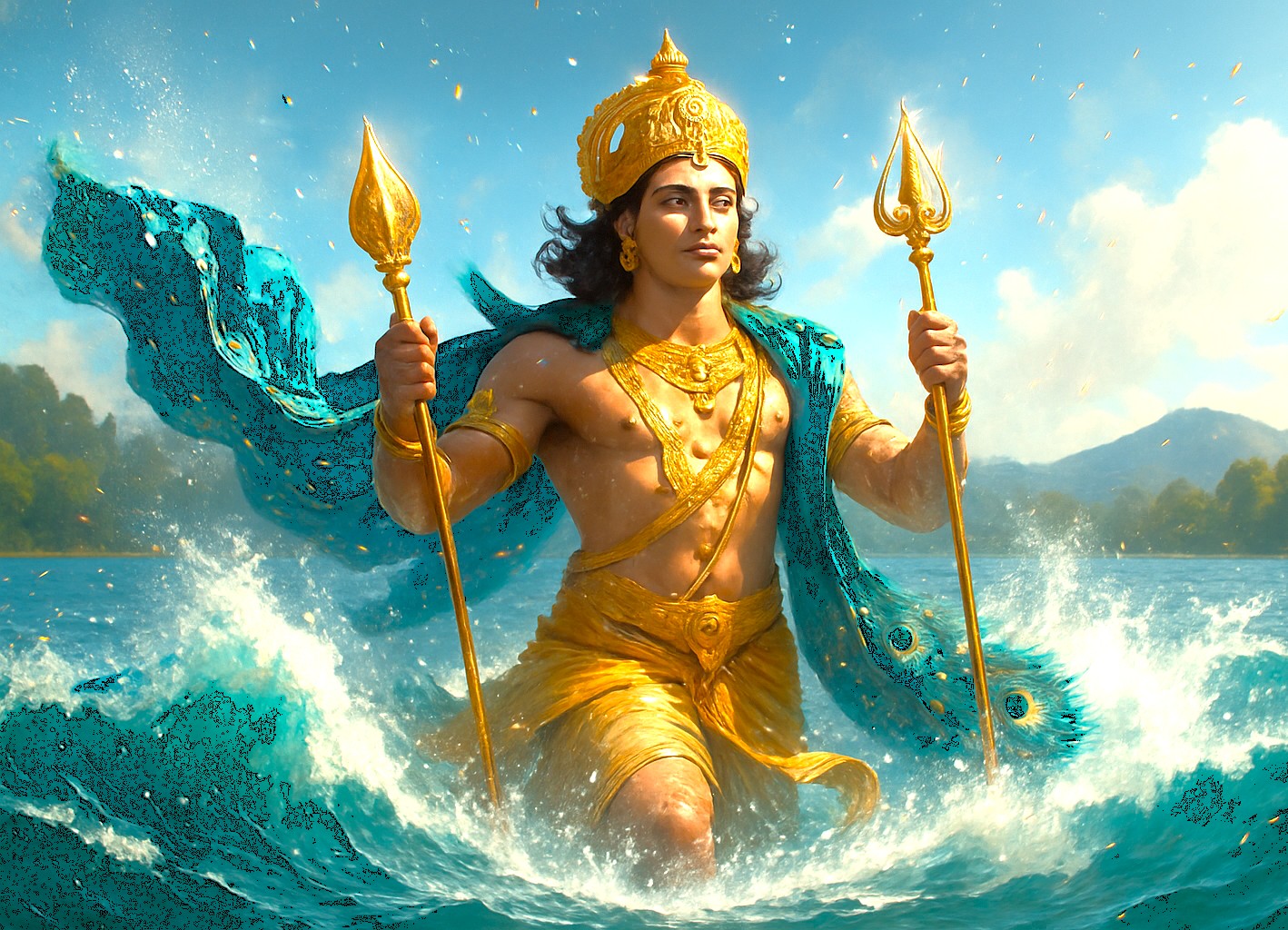 Lord Murugan emerges majestically from Kodai Lake Kulam at Kodaikanal in the Palani Hills of Tamil Nadu, South India, inspiring devotion through vibrant divine energy.