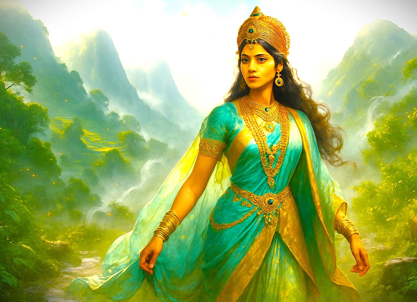 An artistic vision of a legendary princess embodies the mythical relationship with the natural beauty of Kodaikanal, a popular Tamil Nadu destination for tourists in India visiting from Madurai, Meenakshi Temple, and Munnar, all near the Unesco Western Ghats.