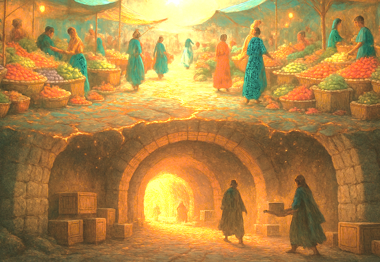 An artistic vision of the relationship between the vibrant Kodaikanal Sunday Market and its mythical underworld, a local legend for tourists in India visiting Madurai, Meenakshi Temple in Tamil Nadu, and Munnar near the Unesco Western Ghats.