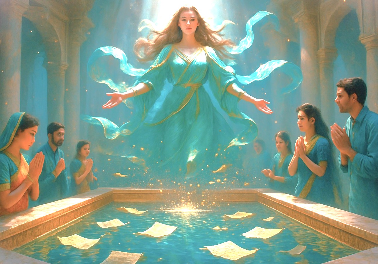 This mystical artwork portrays the sacred relationship between a goddess and devotees at a temple's lotus water tank in Madurai, Tamil Nadu, a spiritual experience near Meenakshi and Koodal Aznagar Temples for tourists in India also visiting Munnar and the Unesco Western Ghats. This mystical artwork portrays the sacred relationship between a goddess and devotees at a temple's lotus water tank in Madurai, Tamil Nadu, a spiritual experience near Meenakshi and Koodal Aznagar Temples for tourists in India also visiting Munnar and the Unesco Western Ghats.