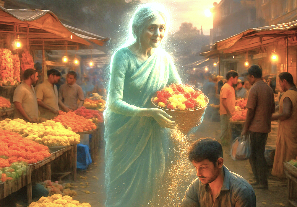 Glowing ethereal woman spirit distributes vibrant marigold and jasmine blossoms at K.R. Flower Market in Bangalore, Karnataka, India, evoking divine aura, tradition, local cultural vibrancy. Glowing ethereal woman spirit distributes vibrant marigold and jasmine blossoms at K.R. Flower Market in Bangalore, Karnataka, India, evoking divine aura, tradition, local cultural vibrancy.
