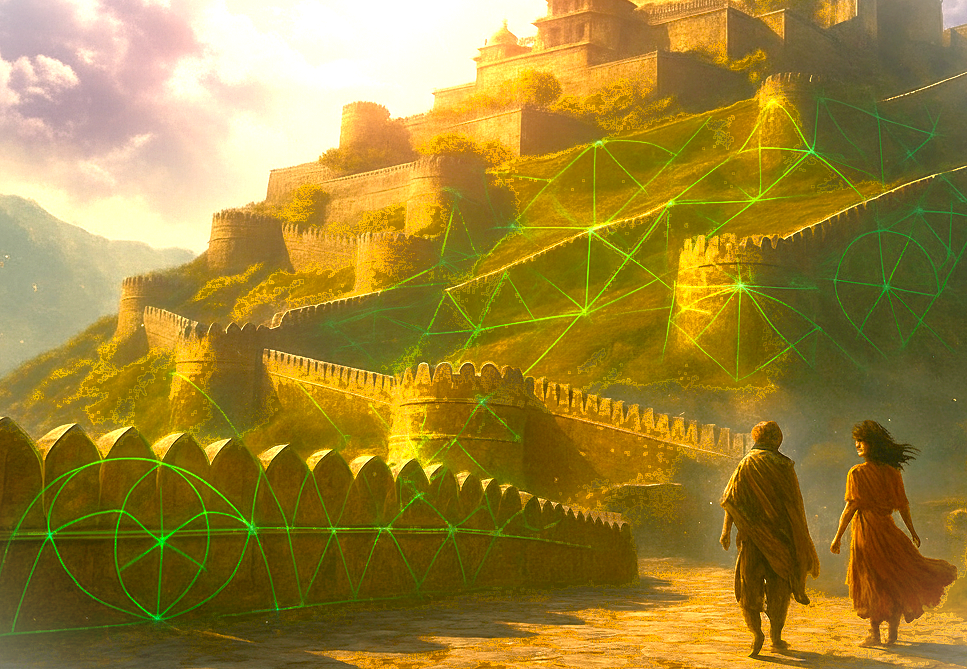 Kumbhalgarh Fort in Rajasthan, India, nestled in the Aravali Hills near Udaipur and Jodhpur, features cinematic golden-ratio geometric overlays, lush greenery, dramatic sunlight, ethereal purple clouds and wandering travelers exploring. Kumbhalgarh Fort in Rajasthan, India, nestled in the Aravali Hills near Udaipur and Jodhpur, features cinematic golden-ratio geometric overlays, lush greenery, dramatic sunlight, ethereal purple clouds and wandering travelers exploring.