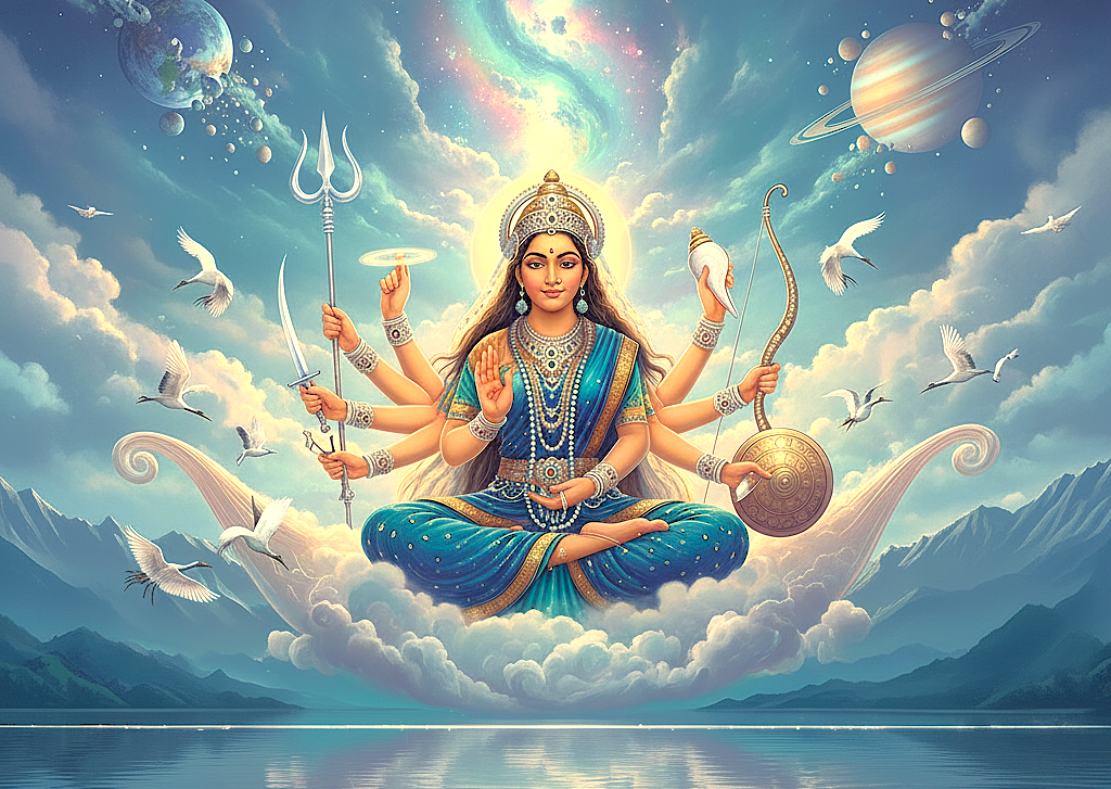 A cosmic depiction of Goddess Sharika (Durga), the revered deity whose temples overlook Srinagar, near the historic Lal Chowk in Jammu and Kashmir, India. A cosmic depiction of Goddess Sharika (Durga), the revered deity whose temples overlook Srinagar, near the historic Lal Chowk in Jammu and Kashmir, India.