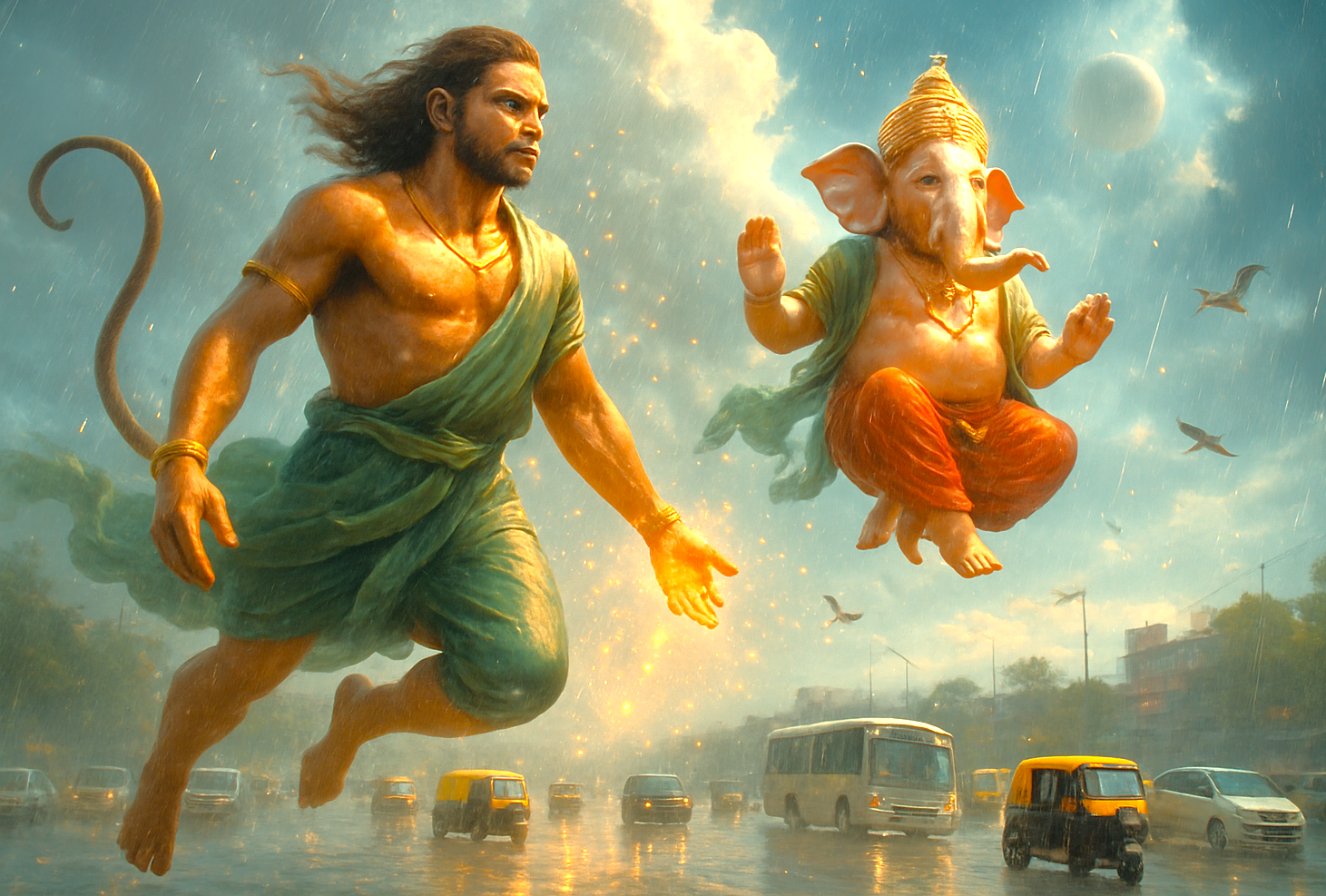 The divine protection of Ganesha and Hanuman is sought for a safe road trip to Unesco Hampi in India, a journey connecting the Lepakshi hanging pillar and queens baths.