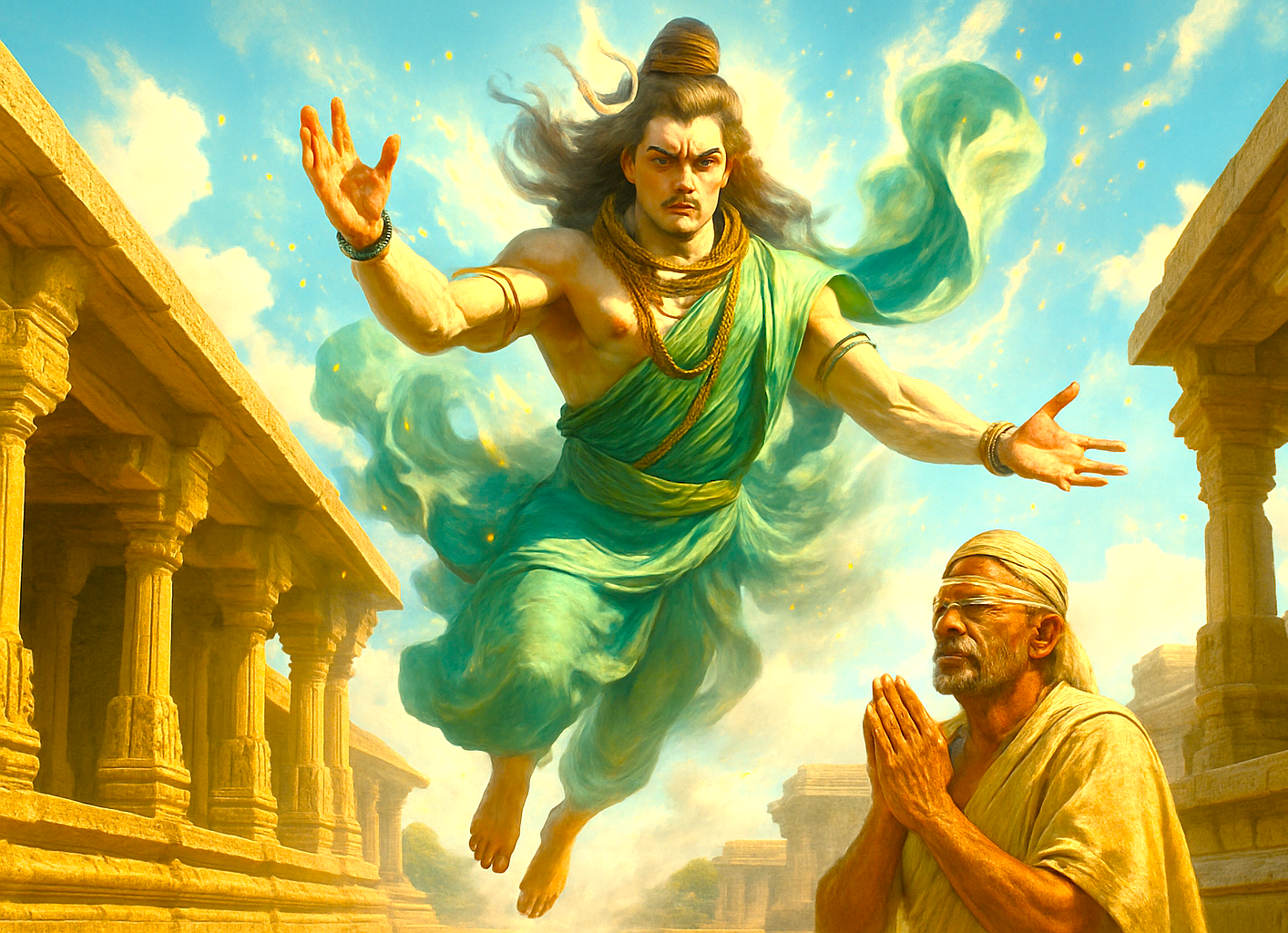 This stunning digital painting from India, Andhra Pradesh, showcases an angry Shiva flying above a blind devotee at Lepakshi temple, near its famous floating pillar, offering a powerful spiritual narrative.