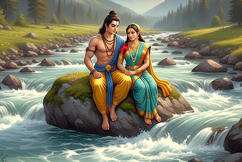 An artistic depiction of Rama and Sita finding refuge at the Lidder River Pahalgam in the Himalayas, a region near Dachigam National Park +Jeep Safari. Nearby, Kashmir-Srinagar is a Unesco city of arts. An artistic depiction of Rama and Sita finding refuge at the Lidder River Pahalgam in the Himalayas, a region near Dachigam National Park +Jeep Safari. Nearby, Kashmir-Srinagar is a Unesco city of arts.