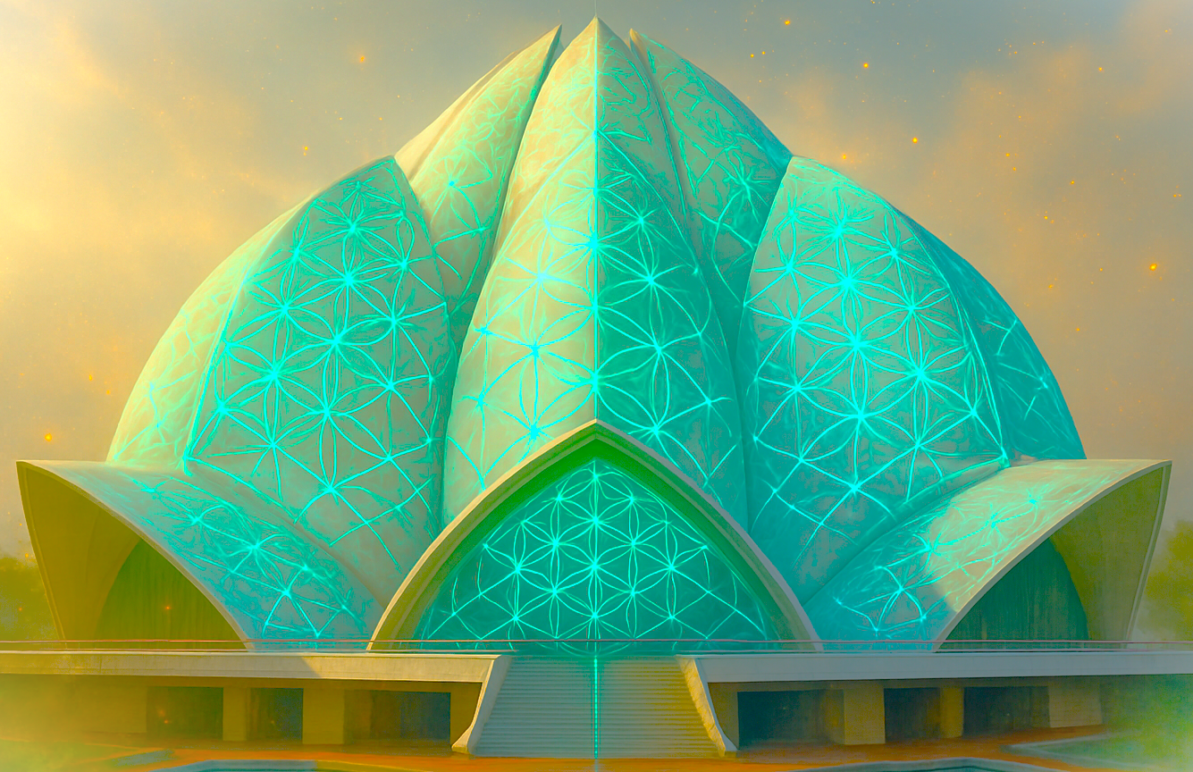 An artistic rendering of the Lotus Temple in Delhi, India, glowing with sacred geometry, a modern architectural marvel near historic UNESCO sites like the Red Fort, Qutb Minar, and Humayun's Tomb. An artistic rendering of the Lotus Temple in Delhi, India, glowing with sacred geometry, a modern architectural marvel near historic UNESCO sites like the Red Fort, Qutb Minar, and Humayun's Tomb.