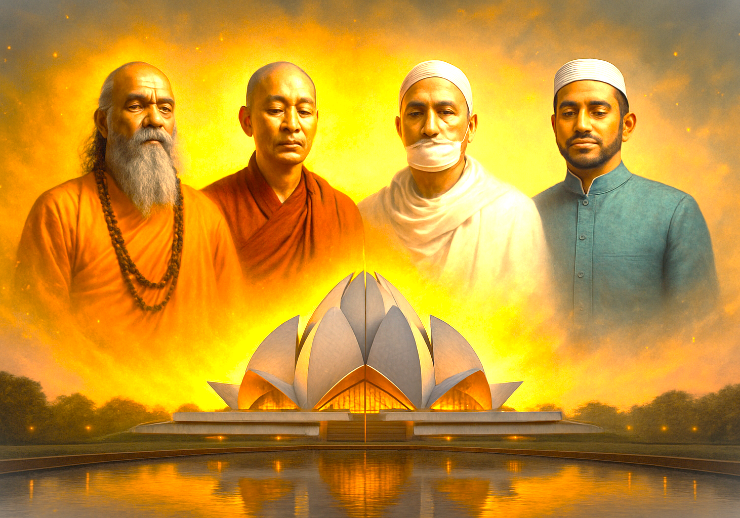 Four luminous Indian spiritual and political leaders hover above the iconic Lotus Temple in New Delhi, India, symbolizing unity, peace, cultural heritage, modern spirituality, architectural marvel, and collective national pride. Four luminous Indian spiritual and political leaders hover above the iconic Lotus Temple in New Delhi, India, symbolizing unity, peace, cultural heritage, modern spirituality, architectural marvel, and collective national pride.