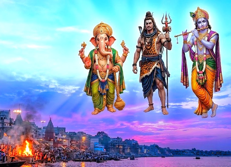 Divine Hindu deities Ganesha, Shiva, and Krishna bless Varanasi, symbolizing the rich spiritual tapestry of India that extends to Western India’s Maharashtra and the historic UNESCO Ellora and Ajanta Caves. Divine Hindu deities Ganesha, Shiva, and Krishna bless Varanasi, symbolizing the rich spiritual tapestry of India that extends to Western India’s Maharashtra and the historic UNESCO Ellora and Ajanta Caves.