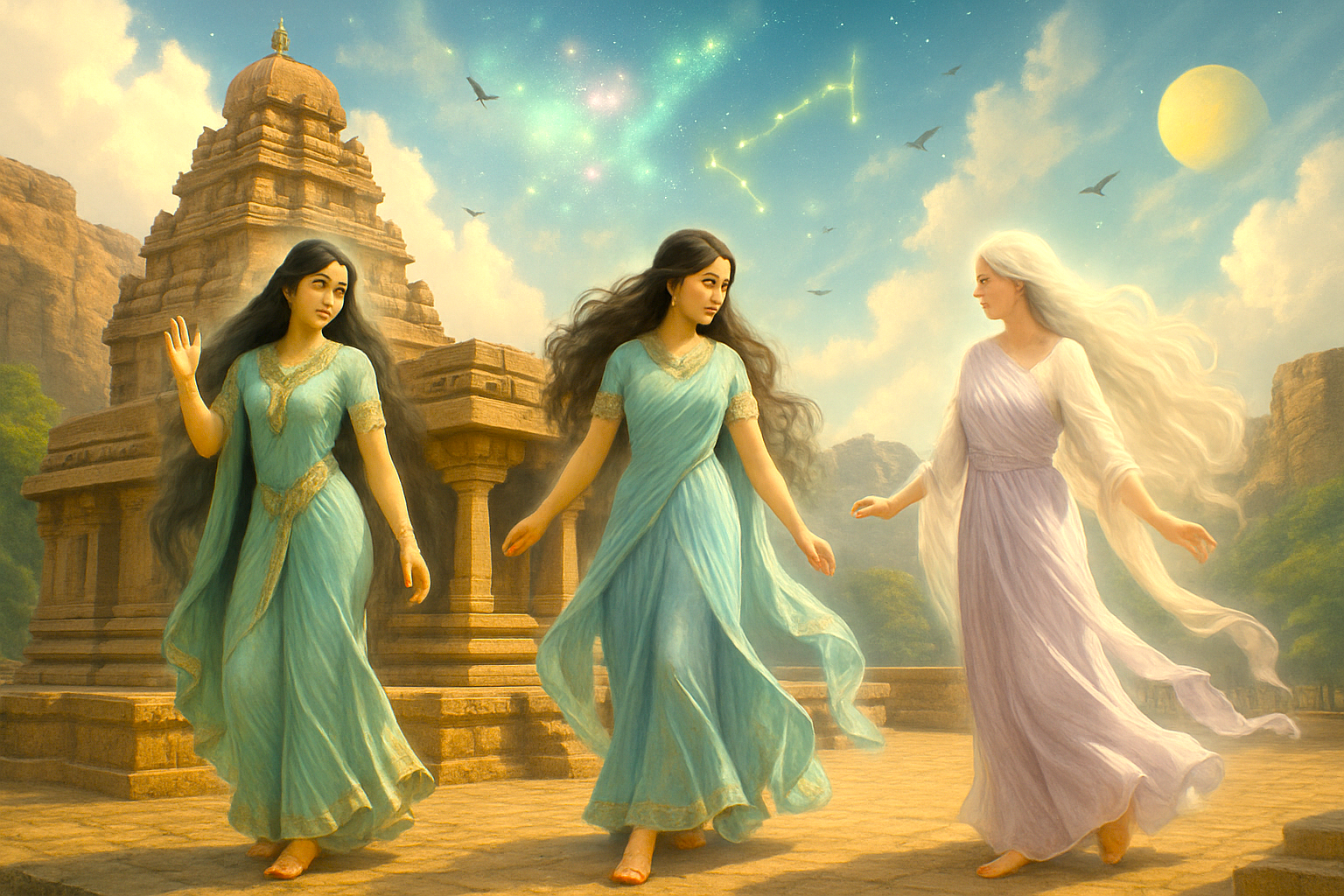 Celestial spirits walk before the Mallikarjuna Temple in Badami, Karnataka, India, evoking the myths of this Pattadakal-UNESCO heritage site. Celestial spirits walk before the Mallikarjuna Temple in Badami, Karnataka, India, evoking the myths of this Pattadakal-UNESCO heritage site.