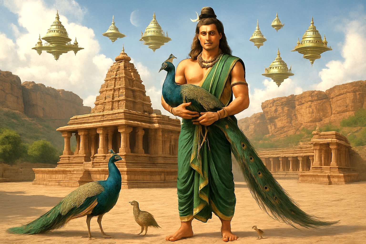 This mythical artwork depicts a Hindu deity with peacocks at the Mallikarjuna Temple in Badami, Karnataka, India, near the Pattadakal-UNESCO heritage site. This mythical artwork depicts a Hindu deity with peacocks at the Mallikarjuna Temple in Badami, Karnataka, India, near the Pattadakal-UNESCO heritage site.